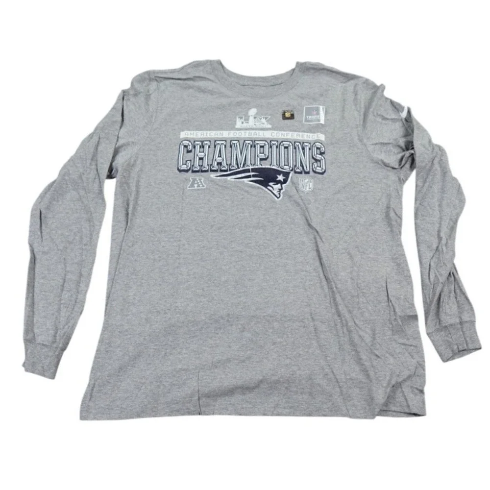 Nike Patriots Long Sleeve Shirt Mens XL Gray AFC Champions Super Bowl 50 Logo